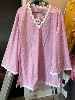 Amazon Pink and White Striped Women's Tunic with Scalloped Trim